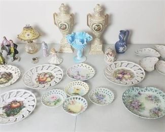 Empire England Shelton Ivory Vases, Blue Slag Glass Fenton Vase, Hand Painted Open Pattern Dishes, Figurines from Occupied Japan, Bone Dishes, Oil Lamp, Angels and Wedgewood Vase