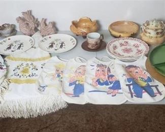 Round Americana Tableclothes, Towels, Plates, Hand Painted German China, Humorous Bibs, Frankoma Compote, and Chip& Dip Tray Set (missing one)