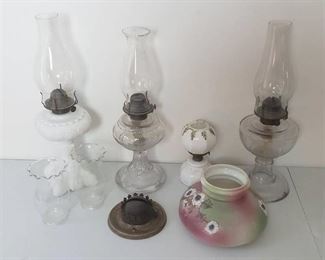 4 Oil Lamps and Accessories ~ Glass Shade, Chimneys and Wick Feeder