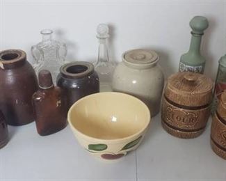 Crock Jugs, Watt Apple Mixing Bowl #9 (cracked),Glass Decanters, Ceramic Canisters, Vintage Bottle and Mug