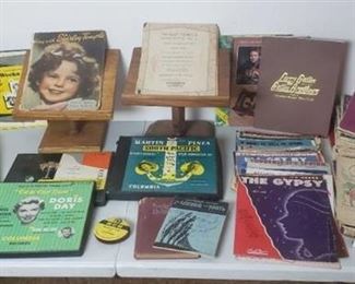 78 Vinyl Record Sets, Sheet Music, Wooden Podiums, Piano Books, and Song Hymnals