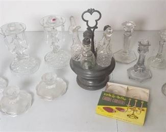Crystal & Clear Glass Candle Sticks, Box of Candle Coaster and Cruet Set