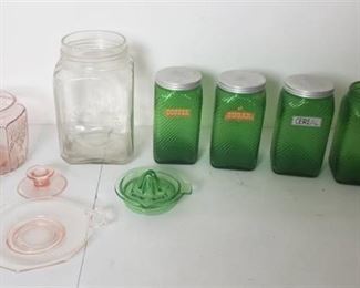 Dazey Churn Butter Churn Glass Base, Imperial Glass Green Kitchen Canisters (missing one lid), Green Depression Glass Juicer, and Pink Depression Glass items