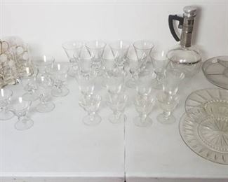 Crystal Glasses (Hearts and Balls), Vintage Leaf Glass Set in Holder ( missing one), Hot Beverage Decanter, and 3 Glass Serving Platters