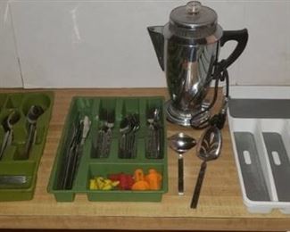 2 Sets of Stainless Steel Flatware, 3 Drawer Organizers, and Vintage Electric Coffee Percolator