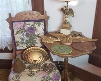 Occasional Chair and Fold Up Accent Wood Table w/ Lamp (broken wing) and Wall Decor