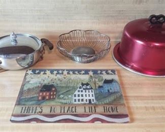 Decorative Kitchen Serving Ware ~ Aluminum Cake plate/cover, Glass cutting Board, and Metal Basket