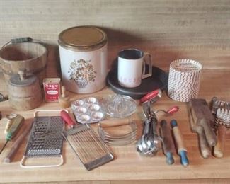 Vintage Kitchen Utensils, Butter Mold, Wood Bucket, Baking pans, Cast iron Match holders, and Metal Lids