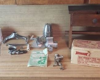 Vintage Kitchen Grinders, B&D Spacemaker Can Opener (works), and Wood Paper Towel Holder w/ Drawer (14 x 7 x 13 in.)