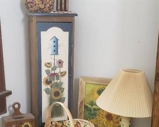 Wood Shelf Cabinet w/Sunflower Decor Items