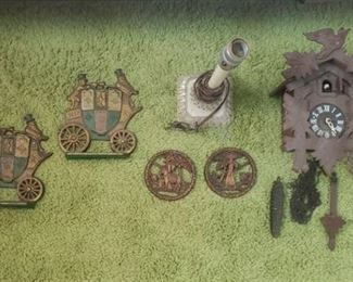 Small German Made Cuckoo Clock(missing one weight / untested), Stick Lamp, Wall Disc Decor, and 2 Brass London Carriage Bookends