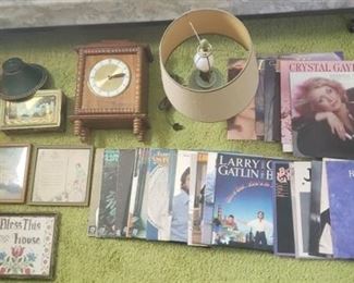 Country Record Albums, Lamp, Clock, Framed Vintage Prints, Decorative Metal Box and Candlestick Lamp