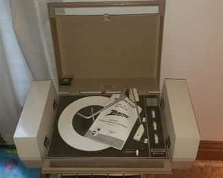 Zenith Solid State Stereo Phone Turntable (need some TLC), Metal Album Stand, Albums and Sets