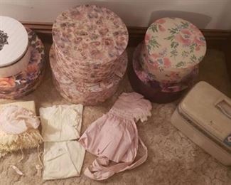 6 Decorative Hat Boxes. Samsonite Train Beauty Case, and Vintage Baby Clothes