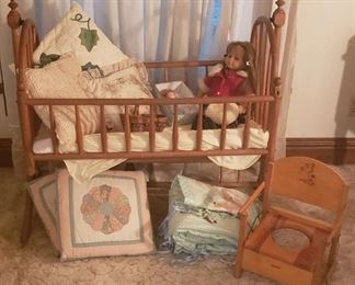 Swinging Wood Baby Cradle, Wood Potty Chair and Contents