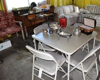 Card table with chairs, a silver plated tea set