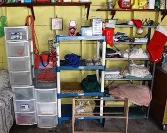 Rugs, flags, hoses, linen rack 