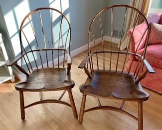 $595 Pair Peter Kramer windsor chairs: 24" W, 24" D, 41" H. 