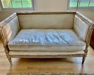 $550 Louis XVI Neoclassic Box Form settee cream upholstery 50" W, 31" D, 29" H. 