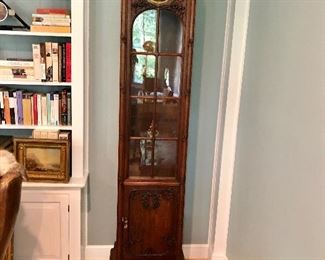 $495 Art Nouveau Carved Mahogany tall case clock 20" W, 12.5" D, 80.5" H. - AS IS BOTTOM WILL NOT OPEN!