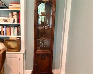 $495 Art Nouveau Carved Mahogany tall  case clock 20" W, 12.5" D, 80.5" H. - AS IS BOTTOM WILL NOT OPEN!