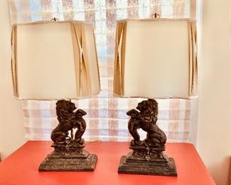 $300 Pair molded figures of rampant lions lamps Base 11.5" W, 5" D, 15" H; 29.5" H to finial.