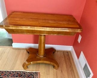 $550 Biedermeier game table - closed: 37.5" W, 19.5" D, 30.25" H;  table opened: 37.5" W, 39" D, 30.25" H. 