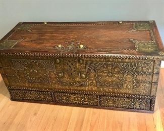 $650 Indian brass/carved trunk 50" W, 22" D, 21.5" H.