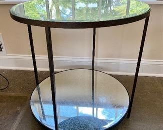 $250 Kellogg Collection beveled, cracked mirror two-tiered side table - 24" diam, 24.5" H.