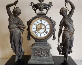 Antique Ansonia Figural FigurMuses Double Statue Bronze Finish Iron Mantel Clock