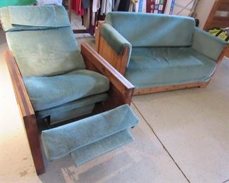 Rustic pine wood cabin style couch that converts to a bed and matching recliner