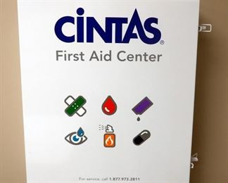 Cintas Metal Wall Mounted First Aid Center, 22" x 19" x 6", Includes Topical Skin Coolant, Large Patches, Plastic Strips, Fingertip Bandages, And More