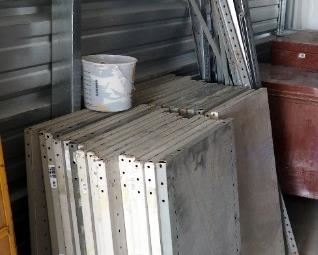 Heavy Duty Metal Storage Racks With Adjustable Shelves, Currently Disassembled, Includes Leg Supports, Shelves, & Cross Braces, 86" High x 36" Wide.