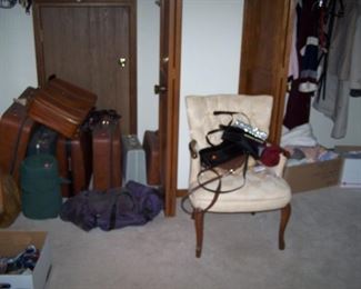 LUGGAGE, VINTAGE CHAIR & PURSES