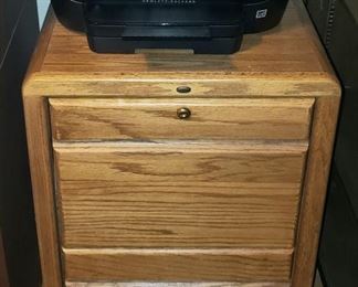 Wood Filing Cabinet & HP Printer