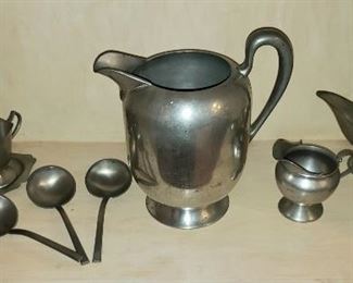 Pewter Pitcher by Rice - Cream & Sugar on Tray by Homestead -  Cream & Sugar by Rogers & Pewter Gravy and Spoons