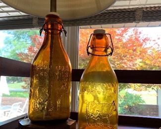 2 Vtg. Amber Absolutely Pure Milk Bottles - 2 are made into lamps