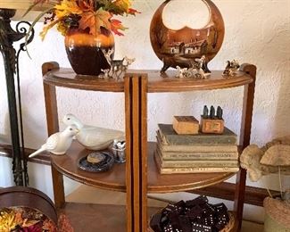 1 of 2 matching half round, three tier end tables; circa 1930's also has matching magazine rack