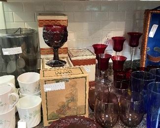 Collectable Red Avon Goblets and Plates, Red Candle holders