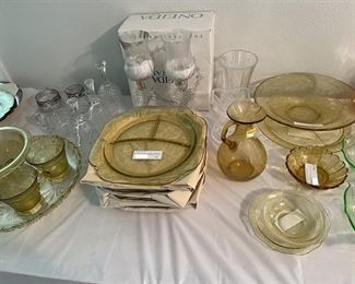 More Depression Glass including set of Dinner Plates, Oneida Candle Sticks, Crystal Bells