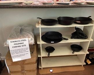 Stainless Steel Chafing Sets, Vintage Cast Iron Skillets and Shelves