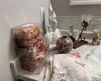 White Plate Shelf, Rustic Candle holders, Shower Curtain, Beautiful Vase