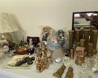 Figurines, Dolls, Lamp, Jewelry Box, Angel Candles, Shells, Clocks, Avon Rabbit Planter and Tall Mirror