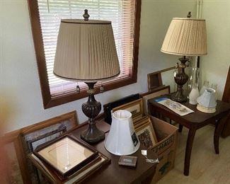 2 End Tables, 2 Lamps, Lamp Shades, Empty Frames and lots of Framed Artwork.