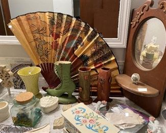 Vintage Green Boot Vase, Jewelry Box, Mirror Angel Tray and Wooden Mirror with Shelf