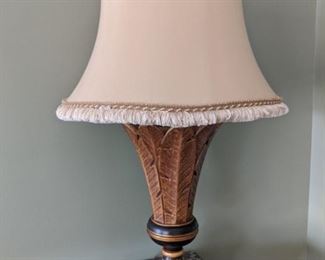 $60  Wood carved lamp with fringe shade