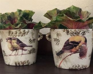Bird planters with silk cabbages