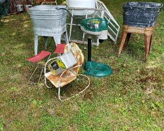 Wash tubs and stands, child's metal chair