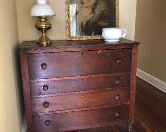 antique chest, lamp, picture, chamber pot