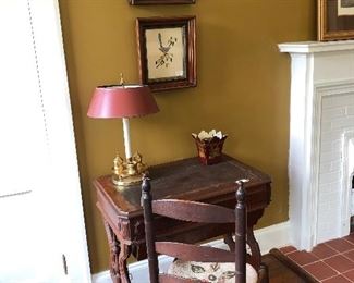 antique victorian desk, lamp, planter, theroms on velvet, chair and pad